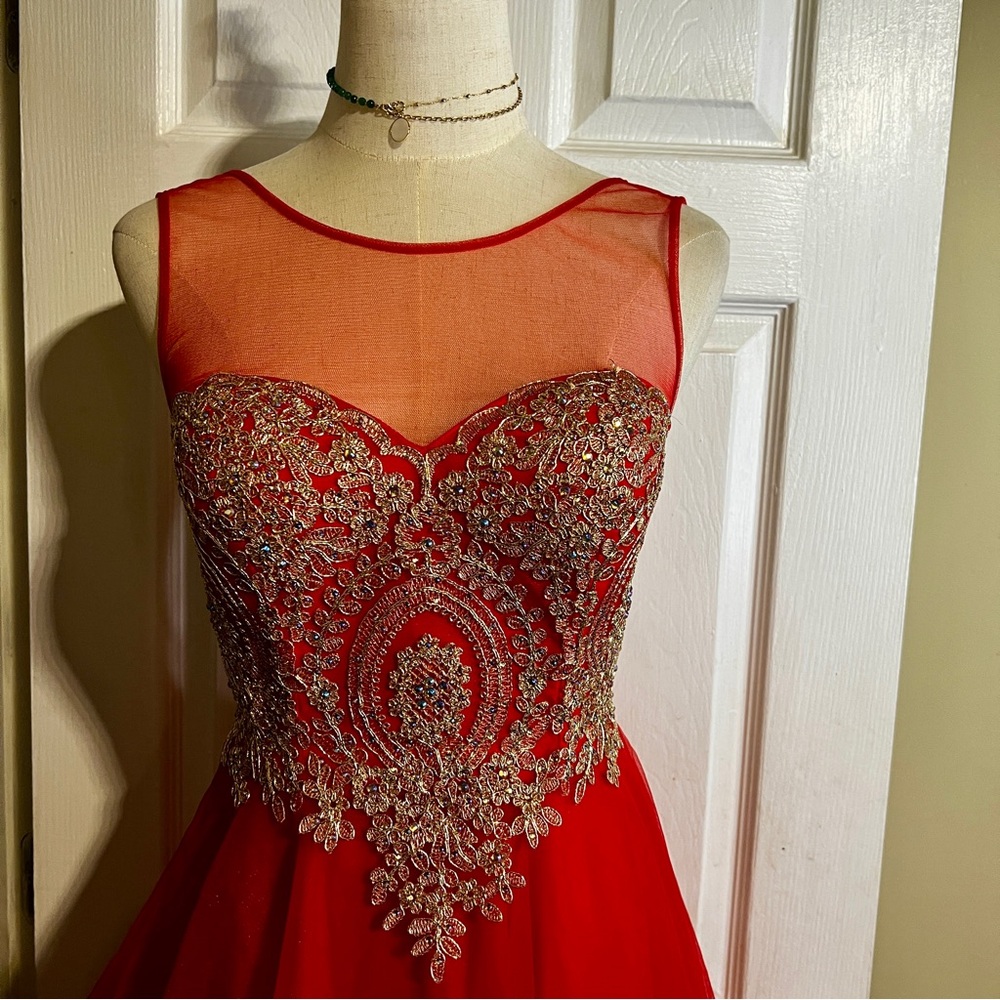 New Babyonline Wms Red Gold Floral Appliqué Embroidery Fit&Flare‎ Party Dress XS - Picture 3 of 13